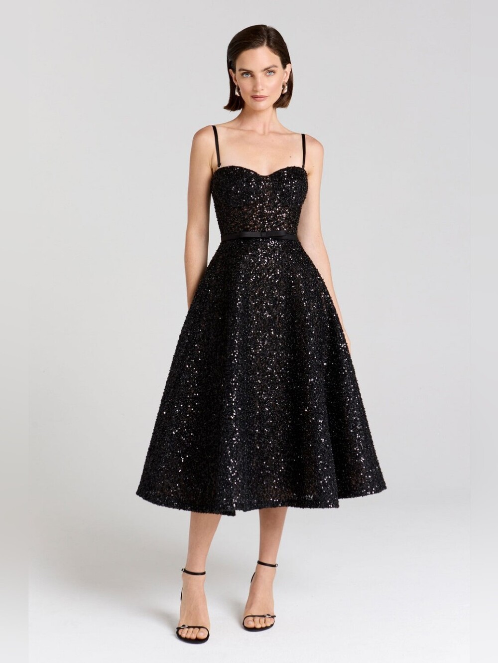 NADINE MERABI Black Strapless Sequin A-Line Dress with Thin Straps